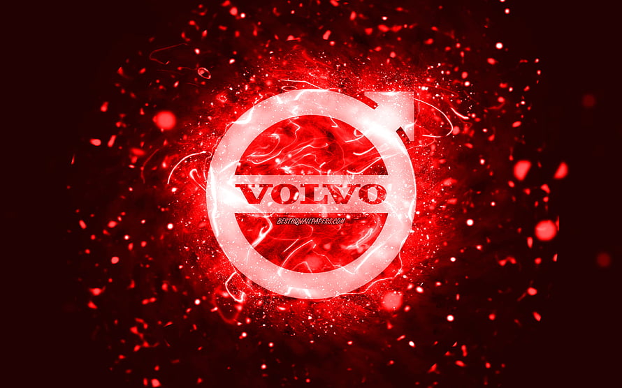Volvo emblem glowing with red neon energy and abstract particle effects on a dark background HD wallpaper