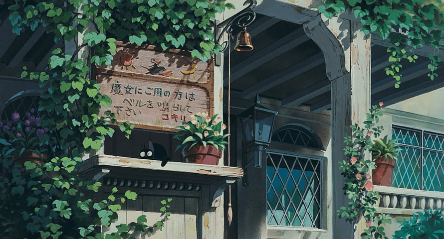 Kiki's Delivery Service Witch House Facade with Japanese Sign and Black Cat HD wallpaper