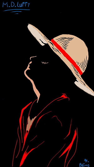 Monkey D. Luffy Silhouette Portrait with Straw Hat and Red Outlines on Black Background HD phone wallpaper