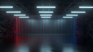 Futuristic Neon-Lit Industrial Room with Red and Blue Glow HD wallpaper
