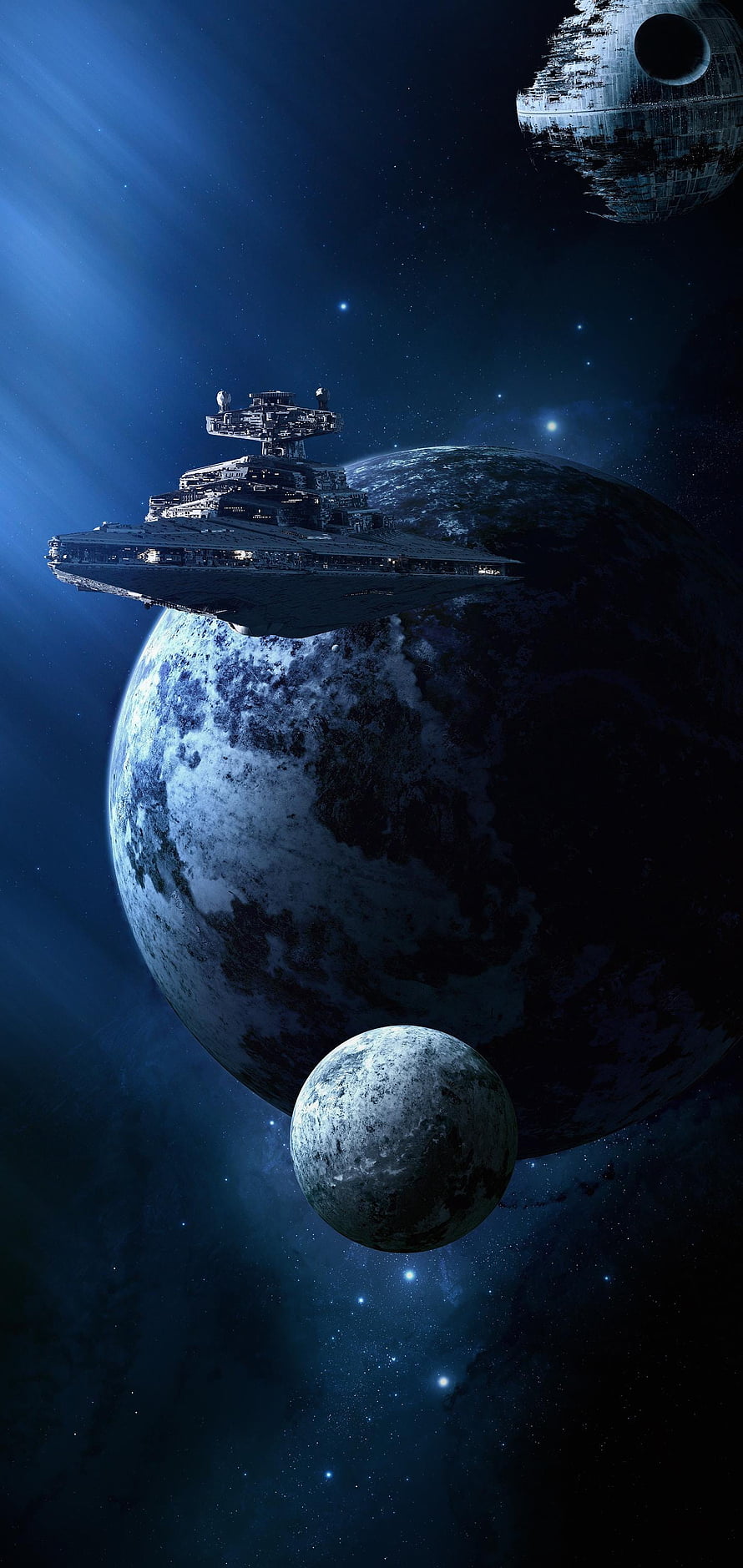 Star Wars Imperial Star Destroyer and Death Star Orbiting a Distant Planet in Deep Space HD phone wallpaper