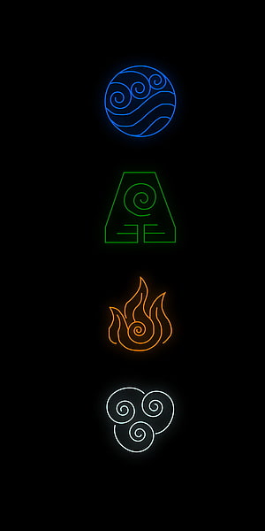 Avatar The Last Airbender Four Elements Neon Glow Symbols on Black Background HD phone wallpaper