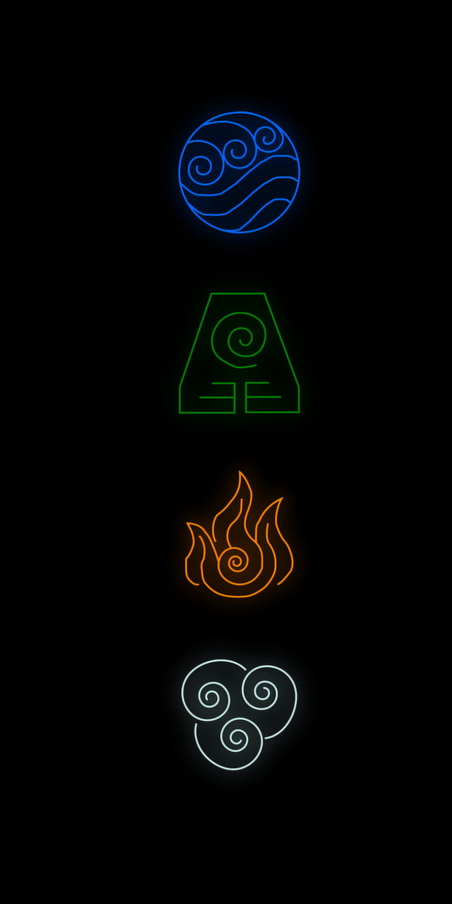 Avatar The Last Airbender Four Elements Neon Glow Symbols on Black Background HD phone wallpaper
