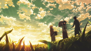 Attack on Titan Characters Standing in a Golden Grass Field Under a Dramatic Sky HD wallpaper