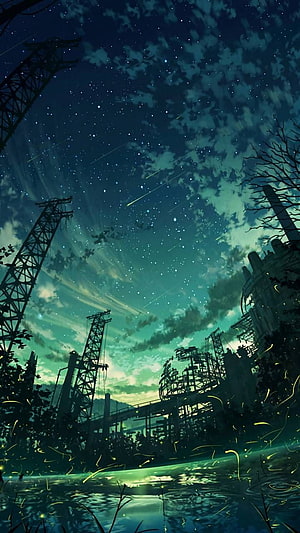 Post-Apocalyptic Anime Skyline with Starry Night and Fireflies HD phone wallpaper