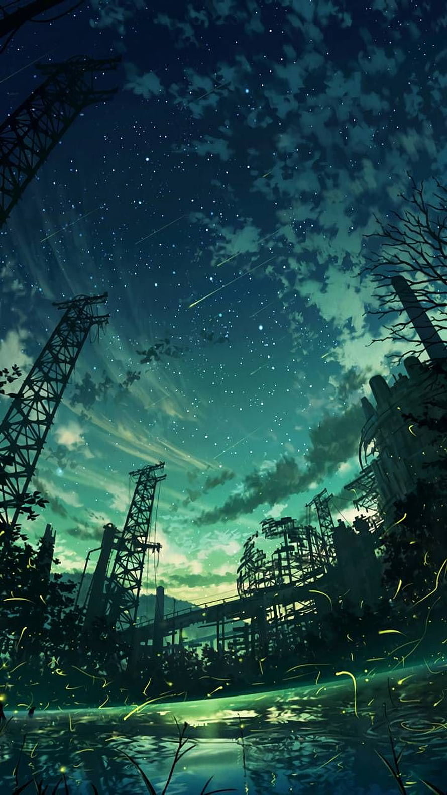 Post-Apocalyptic Anime Skyline with Starry Night and Fireflies HD phone wallpaper