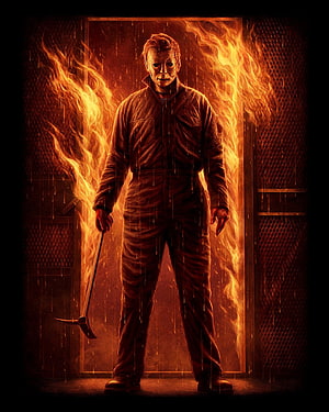 Michael Myers in Fiery Inferno with Machete in Halloween Horror Movie Poster HD phone wallpaper
