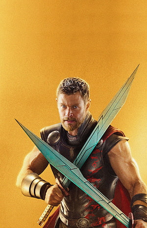 Thor Wielding Stormbreaker in Dark Armor Against Golden Background HD phone wallpaper