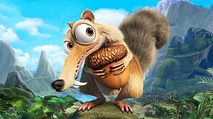 Scrat the Squirrel Clutching an Acorn in a Lush Prehistoric Landscape from Ice Age 3 HD wallpaper