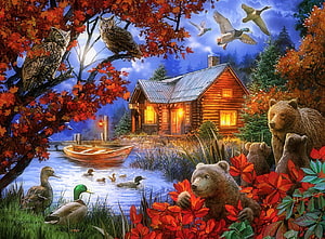 Cozy Log Cabin in Autumn Forest with Bears, Owls, and Ducks by Moonlit Lake HD wallpaper