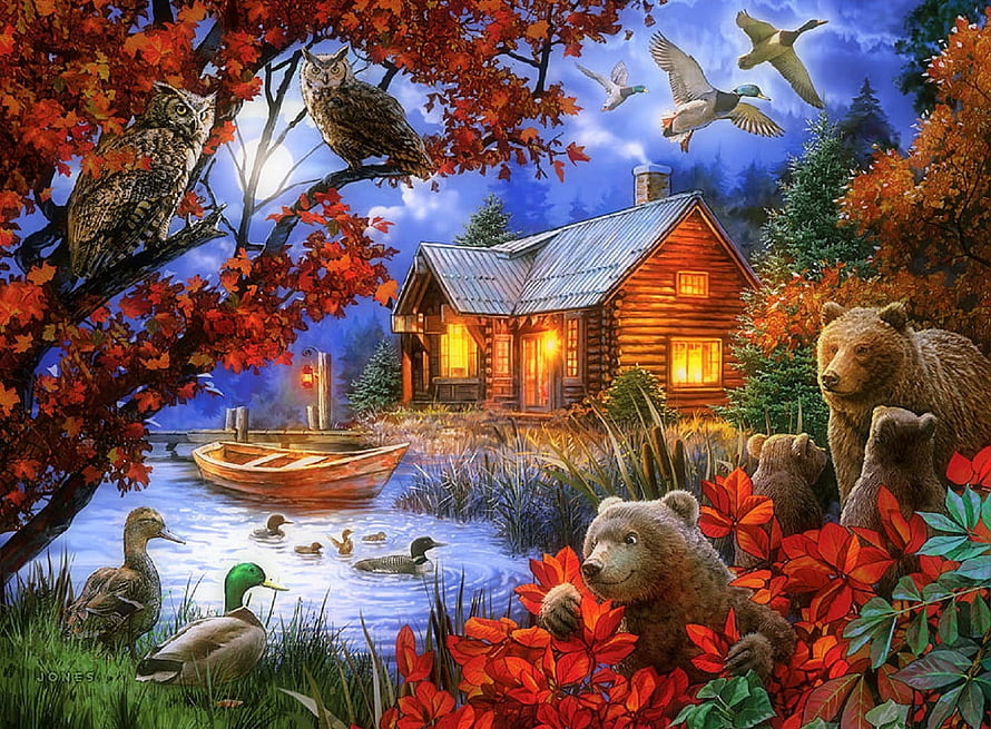 Cozy Log Cabin in Autumn Forest with Bears, Owls, and Ducks by Moonlit Lake HD wallpaper