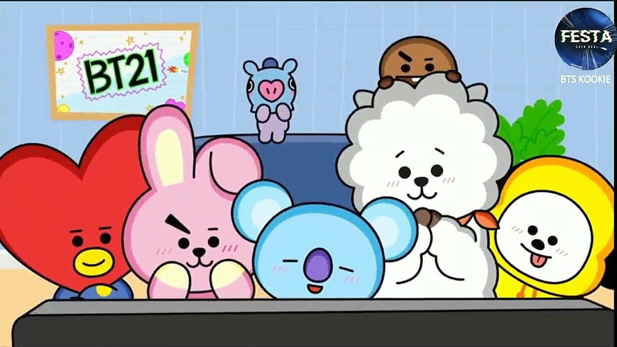BT21 Character Group Illustration with Koya, Cooky, Shooky, RJ, Chimmy, Mang, and Tata HD wallpaper