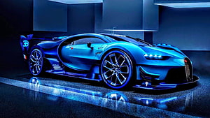 Bugatti Chiron in Deep Blue with Neon Accents on Reflective Showroom Floor HD wallpaper