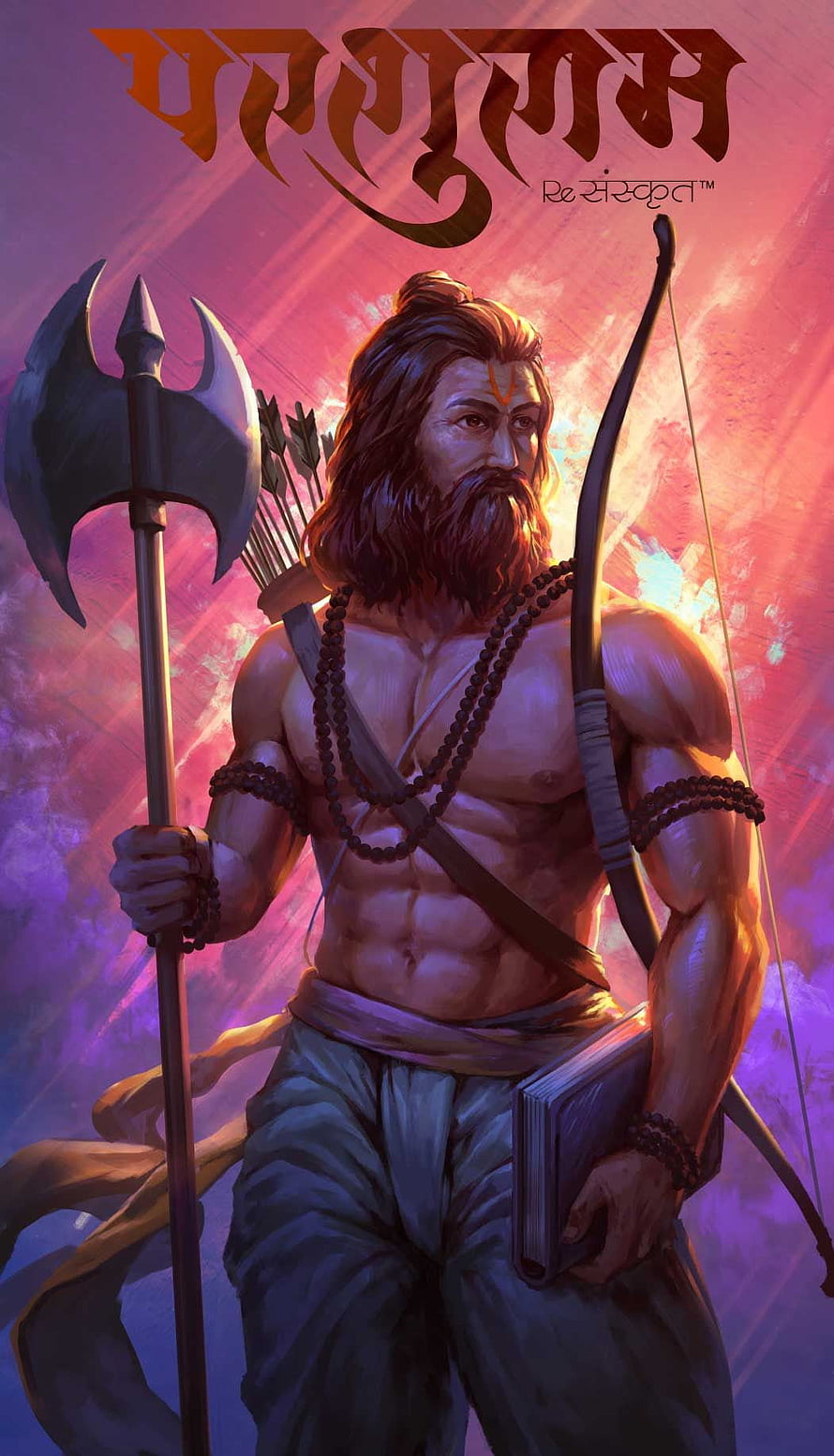 Parashuram Warrior Illustration Holding Axe And Bow With Sacred Beads HD phone wallpaper