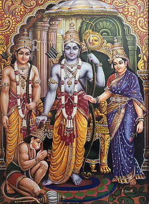 Ram Darbar: Lord Rama, Sita, Lakshmana, and Hanuman in Traditional Indian Painting HD phone wallpaper