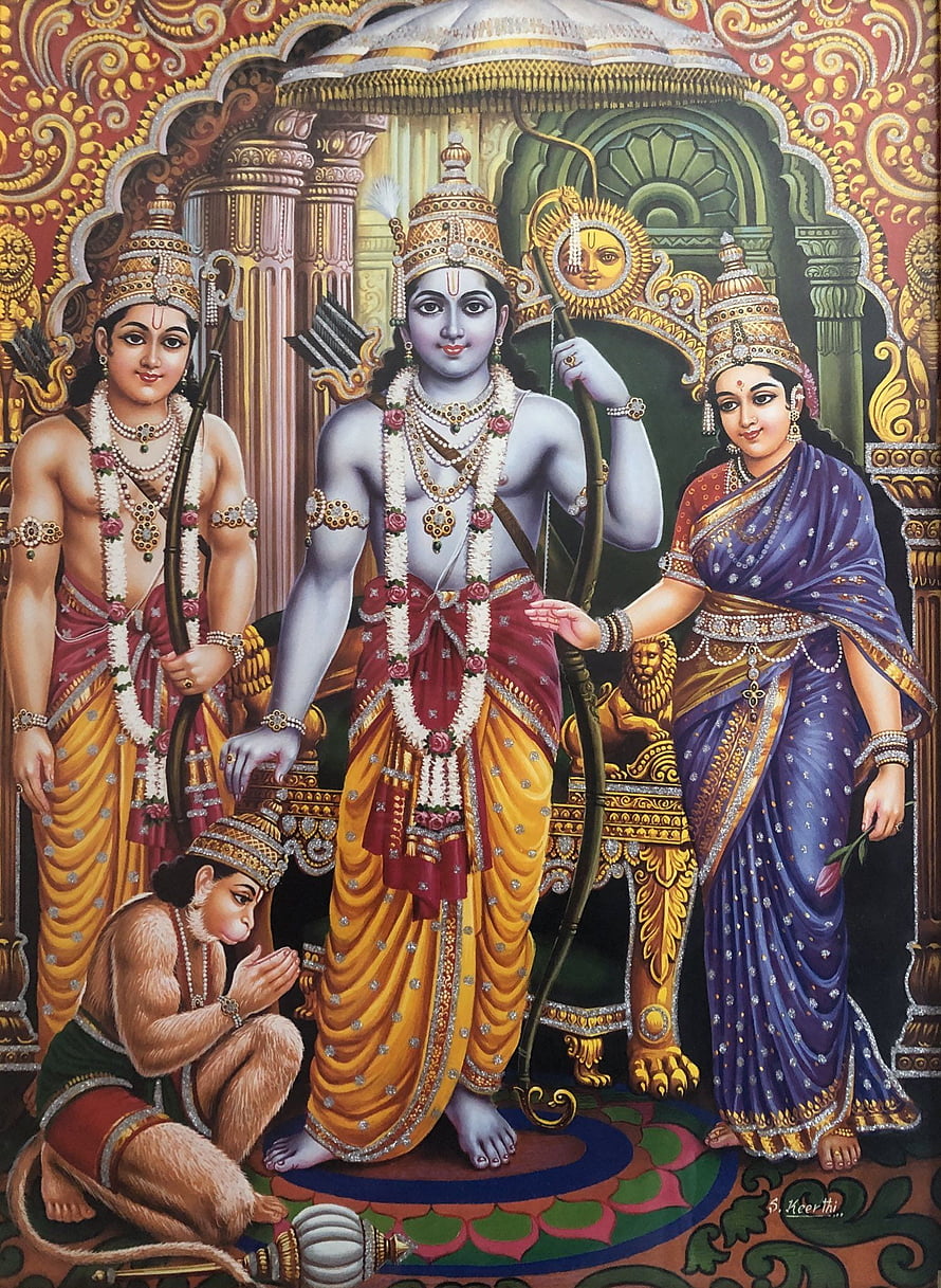 Ram Darbar: Lord Rama, Sita, Lakshmana, and Hanuman in Traditional Indian Painting HD phone wallpaper
