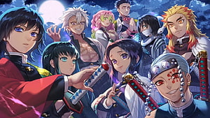 Demon Slayer Hashira Group Portrait Under a Full Moon HD wallpaper