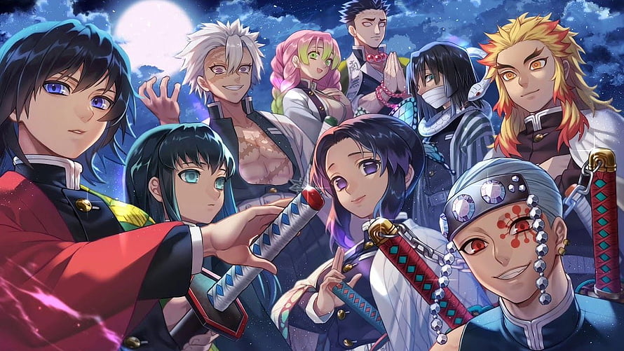 Demon Slayer Hashira Group Portrait Under a Full Moon HD wallpaper