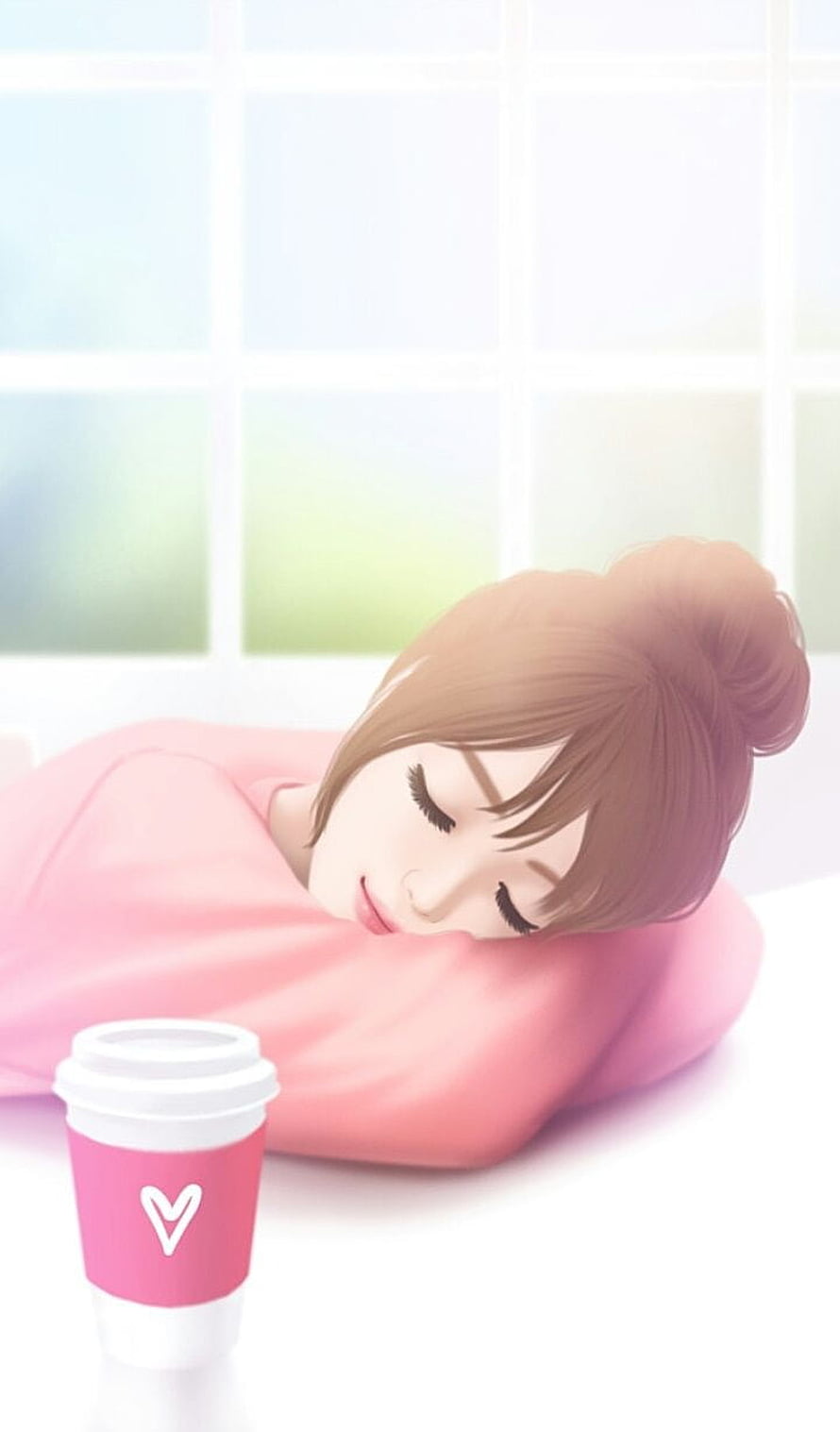 Cute Anime Girl Sleeping Peacefully With Coffee Cup In Soft Pastel Pink Illustration HD phone wallpaper