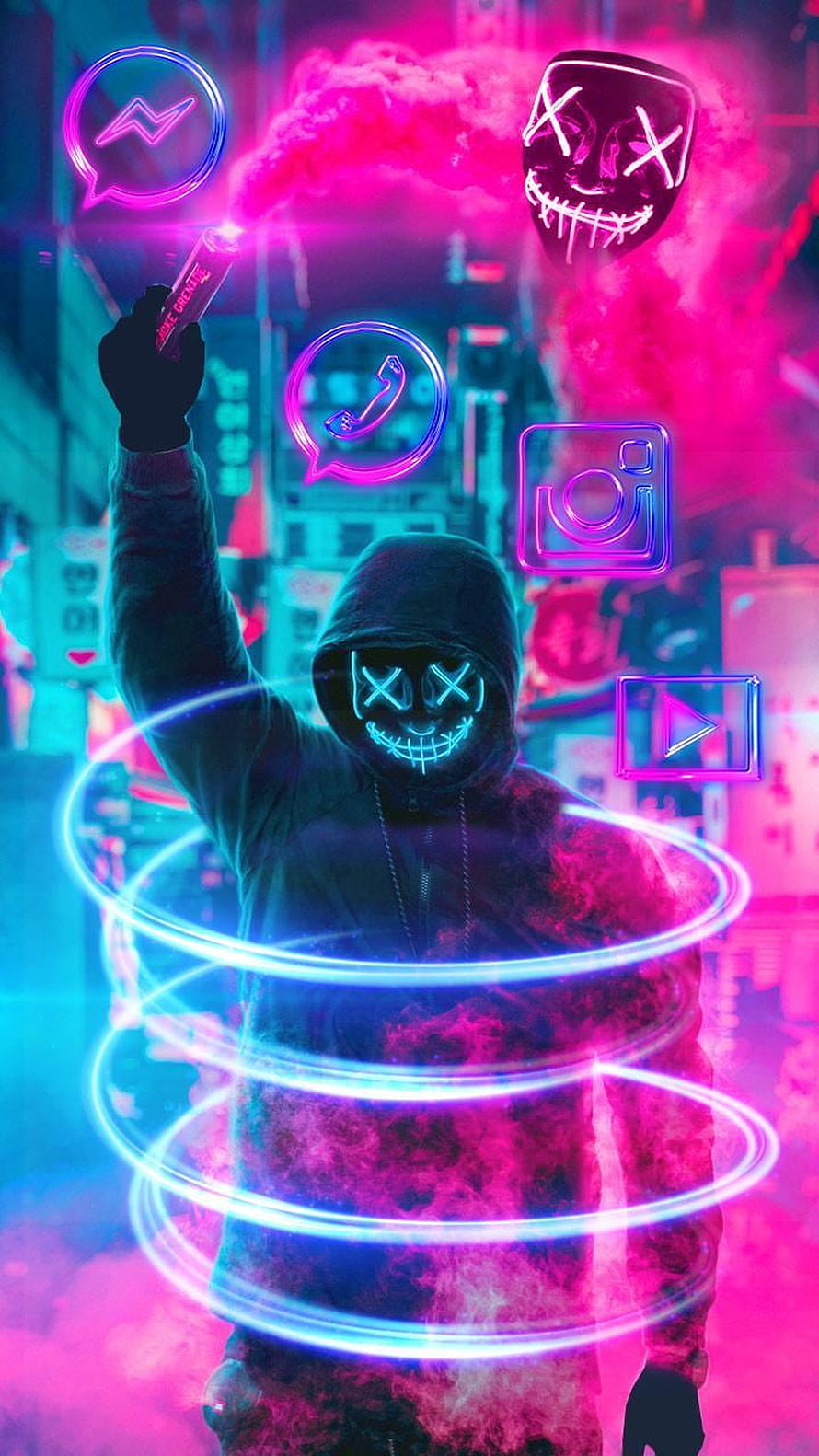 Anonymous Hacker in Glowing Gas Mask with Neon Social Media Icons and Cyberpunk Smoke HD phone wallpaper