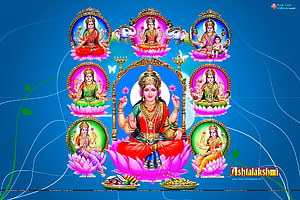 Ashtalakshmi: The Eight Forms of Goddess Lakshmi Seated on Lotus Flowers HD wallpaper