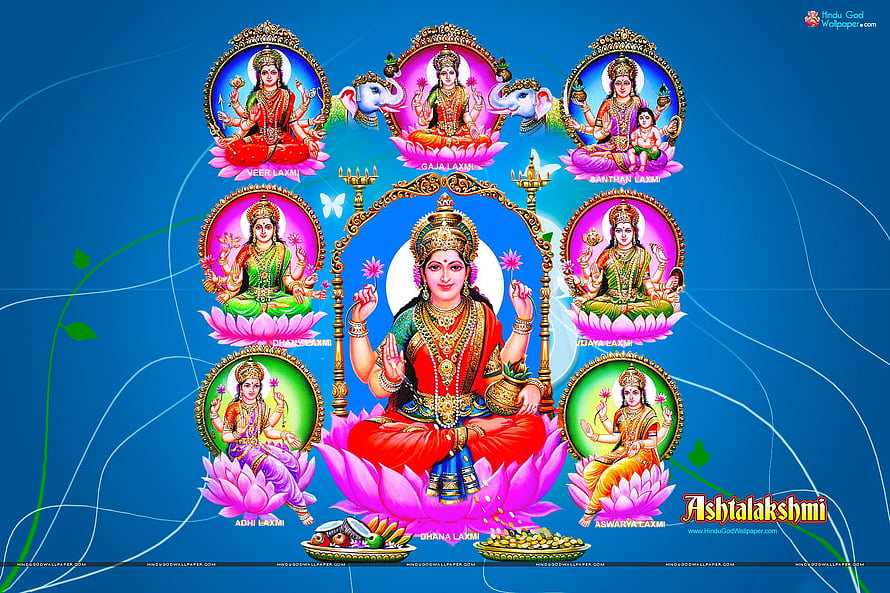 Ashtalakshmi: The Eight Forms of Goddess Lakshmi Seated on Lotus Flowers HD wallpaper