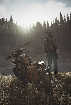 Days Gone Motorcycle and Rider in Misty Pine Forest HD phone wallpaper