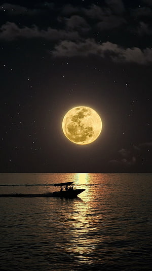 Full Moon Over Ocean With Silhouetted Boat Under Starry Night Sky HD phone wallpaper