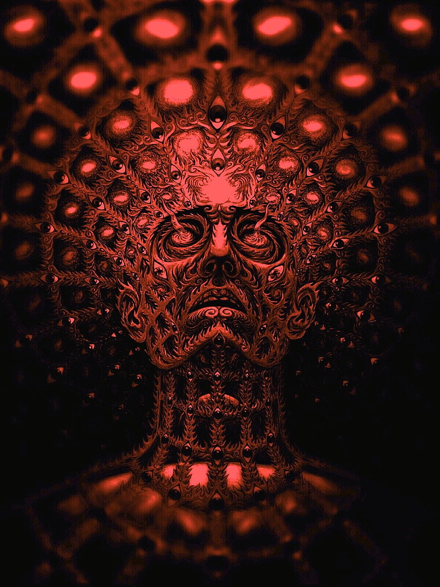 Alex Grey Tool Art: Intricate Red and Black Fractal Face with Glowing Eyes HD phone wallpaper