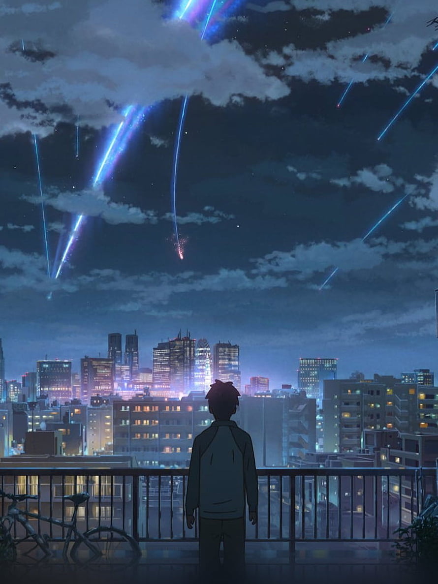 Your Name Anime Boy Watching Meteor Shower Over Tokyo Cityscape at Night HD phone wallpaper