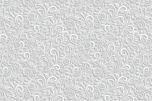 Elegant White Baroque Floral Embossed Pattern with Intricate Scrollwork and Leaf Motifs HD wallpaper