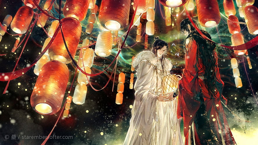 Heaven Official's Blessing Fantasy Art with Glowing Lanterns and Two Characters HD wallpaper
