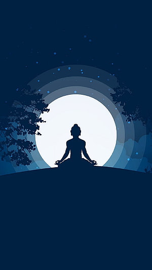 Silhouette of a Meditating Figure in Lotus Pose Against a Large Full Moon at Night HD phone wallpaper
