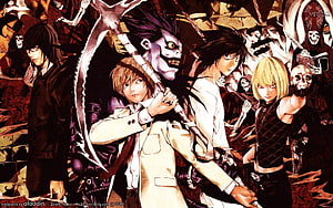 Death Note Anime Cast with Shinigami and Scythe in Dark Fantasy Illustration HD wallpaper