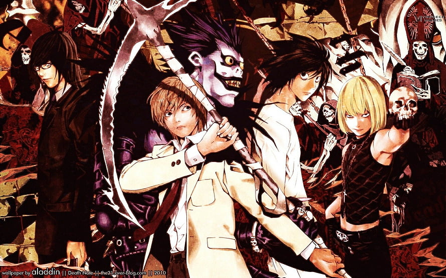 Death Note Anime Cast with Shinigami and Scythe in Dark Fantasy Illustration HD wallpaper