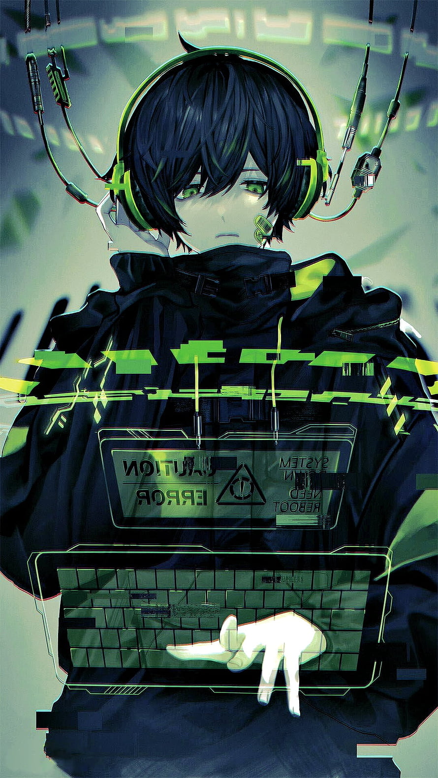 Cyberpunk Anime Hacker Girl with Glitch Effects and Neon Green Digital Interface HD phone wallpaper