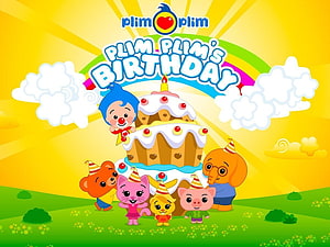 Plim Plim's Birthday Cartoon Scene with Animal Friends and Giant Cake HD wallpaper