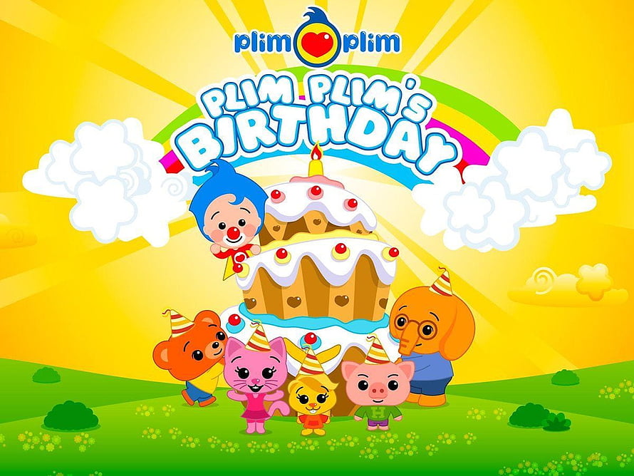 Plim Plim's Birthday Cartoon Scene with Animal Friends and Giant Cake HD wallpaper
