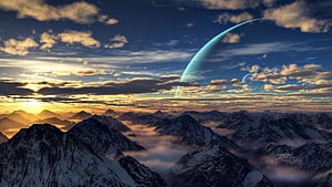 Snow-Capped Mountain Range at Golden Sunset with Glowing Sci-Fi Planet Arc in Sky HD wallpaper
