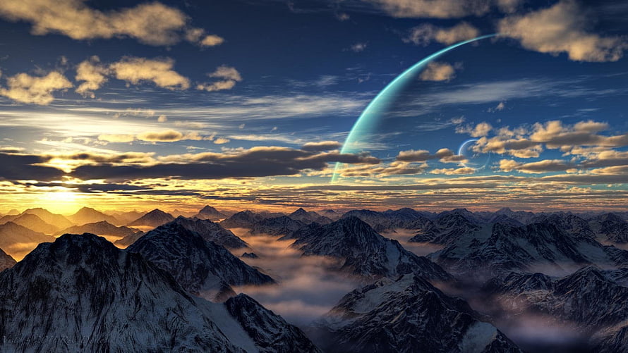 Snow-Capped Mountain Range at Golden Sunset with Glowing Sci-Fi Planet Arc in Sky HD wallpaper