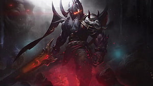 Aatrox Dark Fantasy Warrior with Glowing Red Eyes and Ornate Blade HD wallpaper