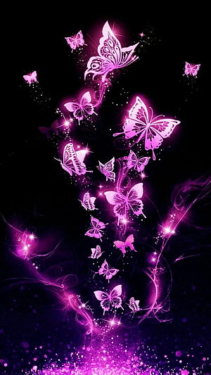 Glowing Purple Butterfly Swarm with Sparkling Light Trails on Black Background HD phone wallpaper