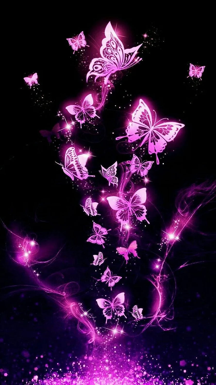 Glowing Purple Butterfly Swarm with Sparkling Light Trails on Black Background HD phone wallpaper