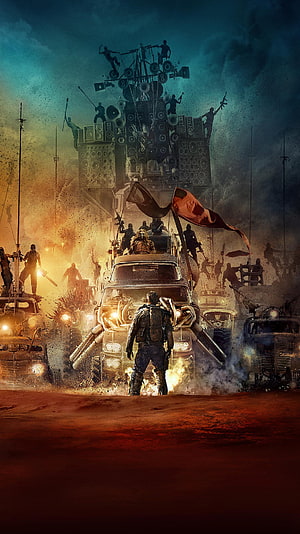 Mad Max Fury Road War Rig Battle Scene with Armored Vehicles and Desert Dust HD phone wallpaper