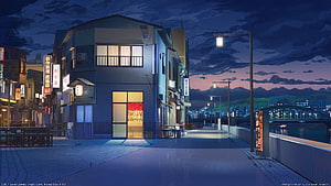 Project Love Money Rock n Roll Nighttime Japanese Street Scene with River and Bridge HD wallpaper