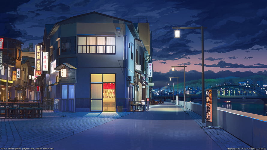 Project Love Money Rock n Roll Nighttime Japanese Street Scene with River and Bridge HD wallpaper
