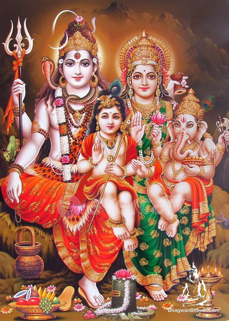 Shiv Parivar Family Portrait with Parvati Ganesha and Kartikeya in Traditional Indian Art HD phone wallpaper