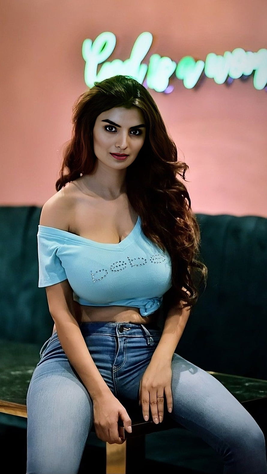 Anveshi Jain in Light Blue Off-Shoulder Top and Denim Jeans HD phone wallpaper