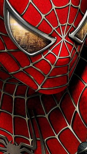 Spider-Man Close-Up Mask with Web Pattern and City Reflection in Eyes HD phone wallpaper