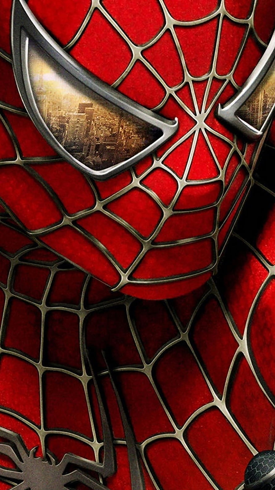 Spider-Man Close-Up Mask with Web Pattern and City Reflection in Eyes HD phone wallpaper
